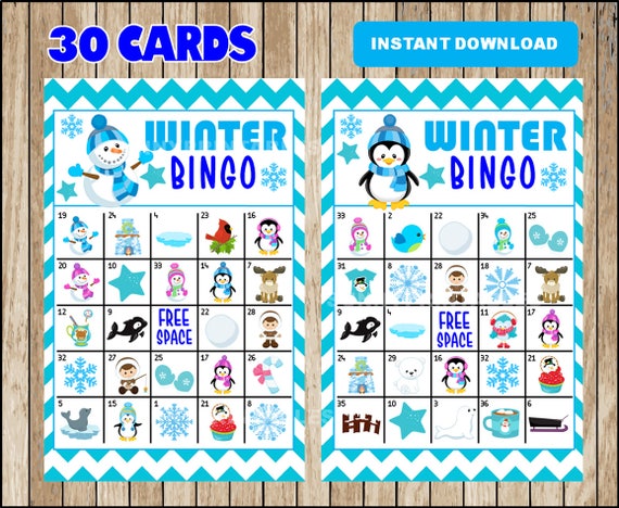 Winter Bingo Printable Game 30 Different Cards Snowman