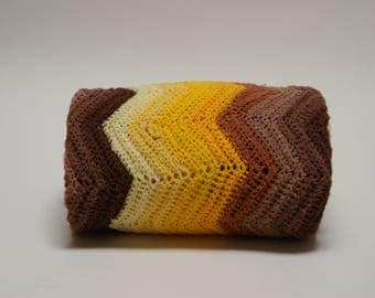 1970s Afghan ⎮ Vintage Crocheted Afghan ⎮ Brown And Yellow Chevron Blanket