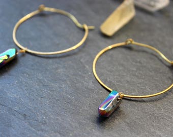 handmade brass hoops with rainbow titanium plated quartz, gipsy earrings, boho hippie style earrings, nomade,