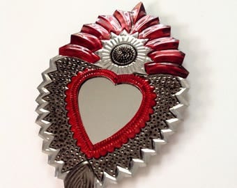 Tin Heart Plaque with mirror Handmade Mexican Tin Wall Ornament Mexican Folk Art Recycled Art Hammered Aged Look