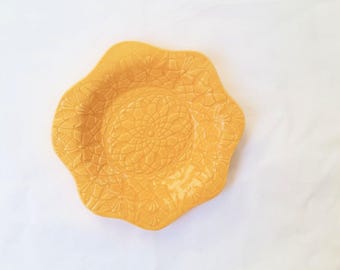 lace-pressed small pottery ring dish, handmade, yellow
