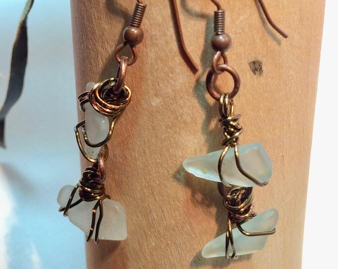 Delicate necklace and dangle earrings - aqua beach glass from Lake Michigan - Pretty and Dainty - antique brass and aqua