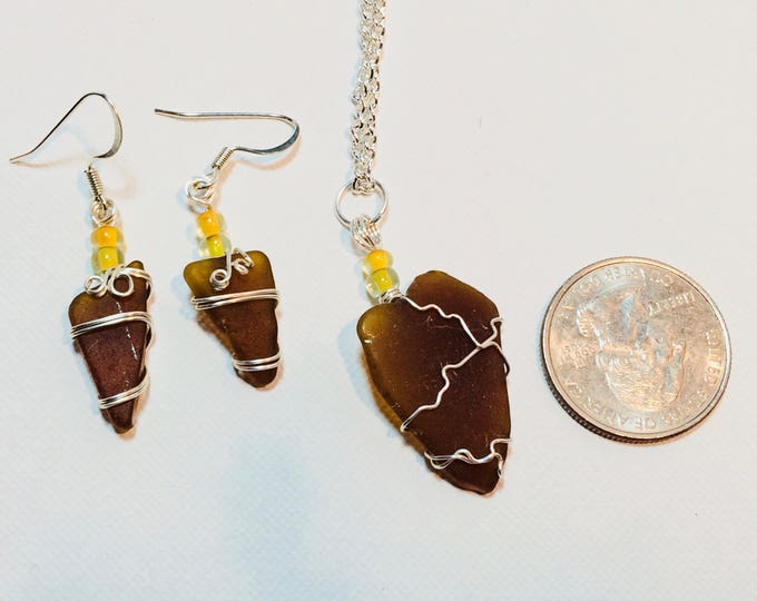 wire wrap - Brown Amber - Beach Glass - Necklace & Earrings - Gift for Her - Beach Glass Jewelry
