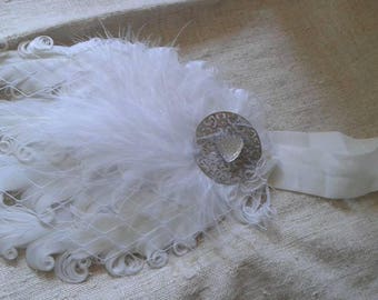 headband white feathers and rhinestone heart