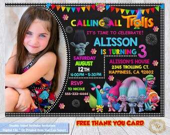 Trolls Invitation.Trolls Birthday.Trolls Birthday Invitation.Trolls Party.Photo Invitation.Invitations.Trolls Party Theme.Trolls.Girls.DIY.