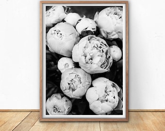 Peony Flower Print, Black And White Art Print, Digital Download, Printable Photography, Fine Art, Flower Wall Art, Bohemian Decor Art