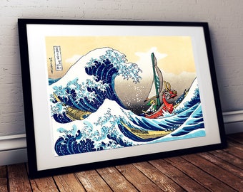 Estampe japonaise (Kanagawa Hokusai) avec Link de Zelda Wind Waker / Art geek et pop pour chambre d'enfant