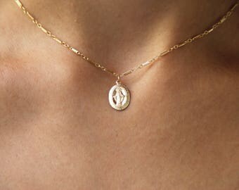 Virgin Mary Necklace / Gold Filled / Dainty Gold Necklace/ Tiny Gold Miraculous Medal / Gold Layering Necklace / Gold Virgin Mary Charm