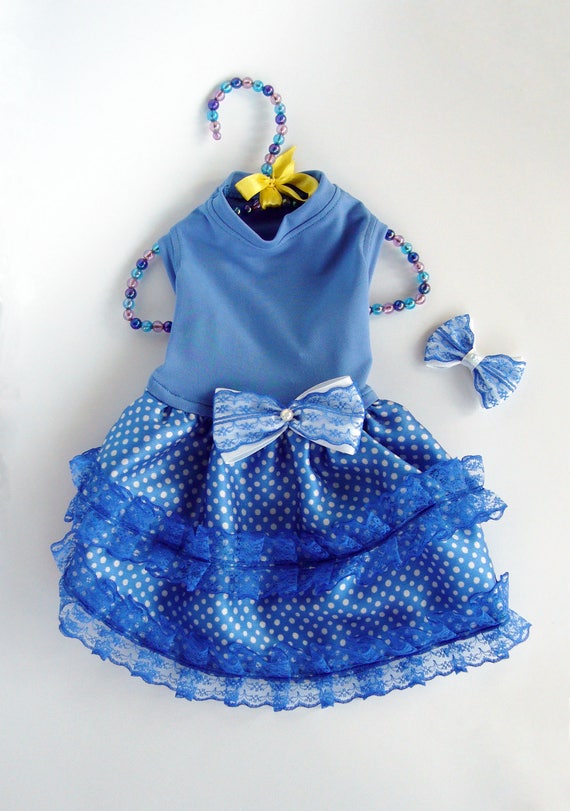 Items similar to Blue dog dress with bow brooch Custom made dog dress ...