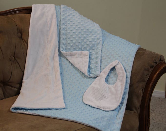 Minky Baby Blanket, Boy Baby Blanket, Newborn Boy Baby Gift Set, Stroller Blanket, Baby Shower Gift, Baby Girl Gift, FREE Bib & Burp Cloth