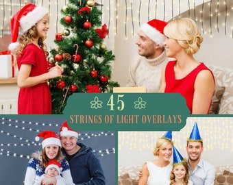 45 Strings of Light Overlays, Christmas lights, Photoshop Overlay, Fairy lights, Christmas overlays, glowing lights Clipart, Light effects