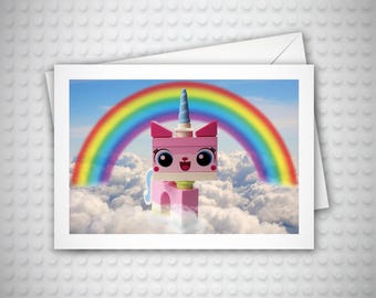 Lego Birthday Card, UniKitty, Card for Her, Lego Invitation, Funny Birthday Card, Card for Girlfriend, Rainbow, Cat Lover Gift, Lego Movie