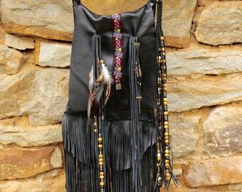 Black leather boho bag, bohemian bag with fringe, gypsy fringe cross body bag, vintage fringed boho handbag, handmade upcycled hippie bag