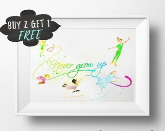 Peter Pan Quote Art Print Poster, Never Grow Up Wall Art Nursery Decor, Printable Watercolor Instant Download, Peter Pan Baby Shower