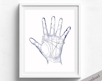 Palmistry Hand Print, Vintage Illustration, Palmistry Hand Diagram, Printable Art, Instant Download, Palmistry Printable