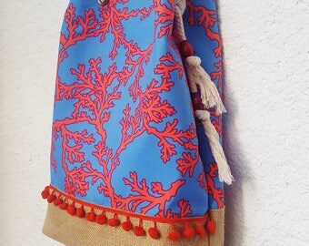 coral bag red coral item bag red blue shoulder bag coral pattern with pompoms handmade bag coral messenger travel bag