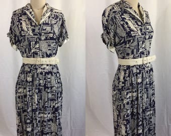 1940s Novelty Print Rayon Dress