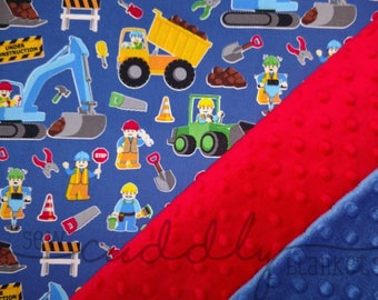 Blue Road Construction Site Minky Dot Weighted Blanket Custom Made to Order Dump Trucks Loaders Excavators