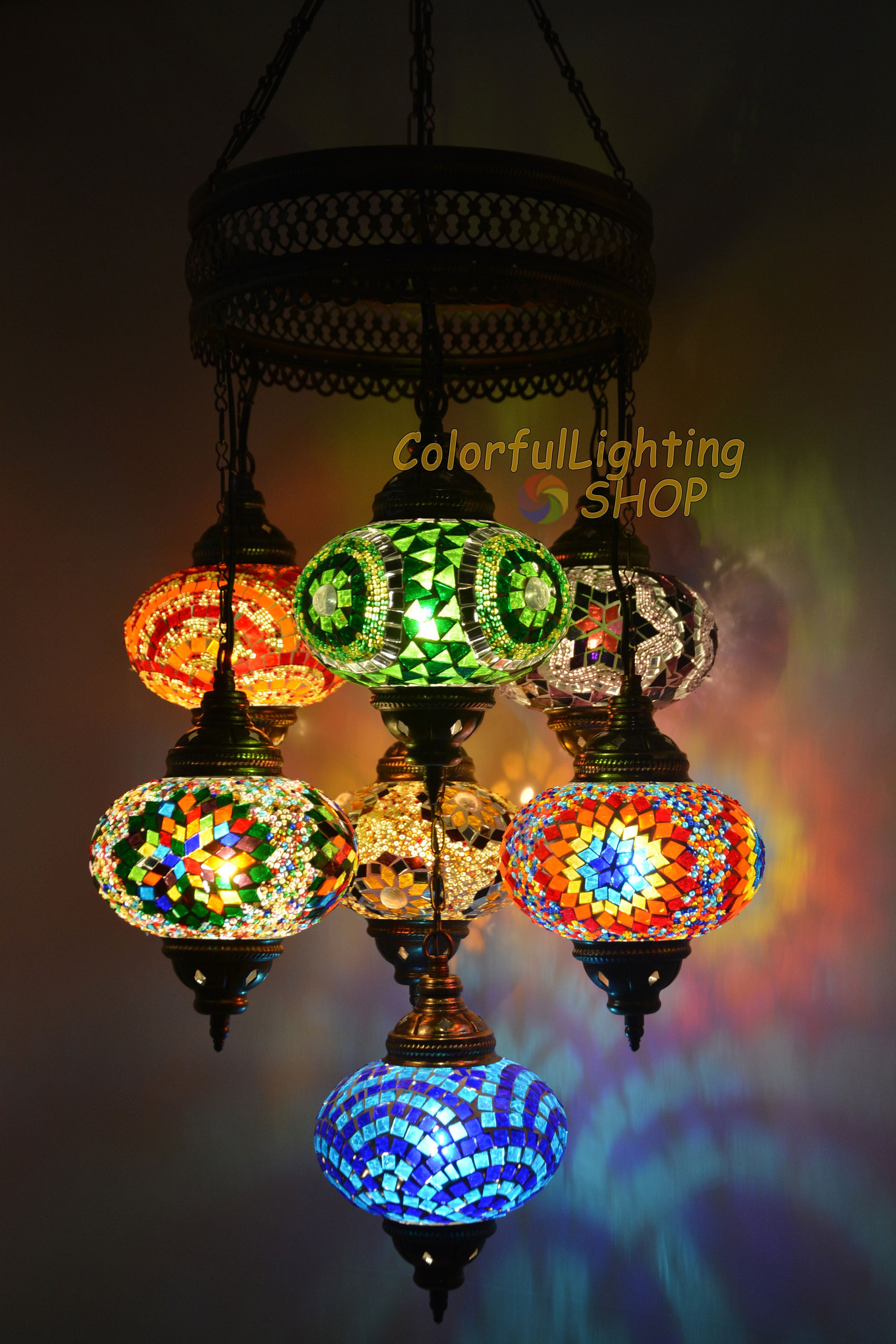 Turkish mosaic 7 globe chandelier Turkish lamp Mosaic Lamp