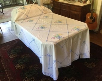 Chenille Bedspread 2 for 1 Vintage Bedding 1950s Twin Summer Spread Pink Blue Yellow Chenille Flowers White Cotton Vintage Bed Linens