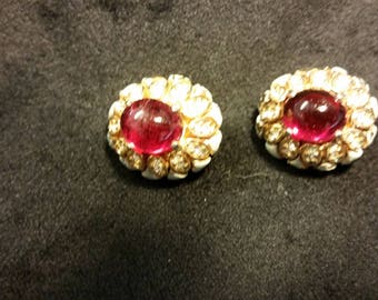 Costume red stone and gold clip-on earrings