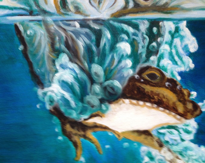 Taking a Splash Oil Painting Of Frog 18x24 in Unframed, Oil Painting of Frog in Water, Wildlife Oil Painting, Animal Oil Painting