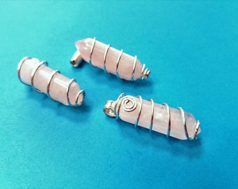 Set of 3, Rose Quartz, Wire Wrapped, Crystal, Gemstone, Natural, Silver Necklace, Jewelry Pendant Making, Wire Wrapping, For Resale, #67