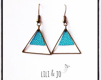 Bohemian collection: turquoise triangles with white dots and bronze rings earrings