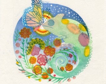 Watercolor woodcut print