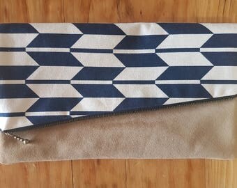 Navy and White Foldover Clutch (suede panel)