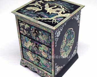 Nacre Mother of Pearl Inlaid Jewelry Box Storage Nacre Ring Sorter Chest Trinket Case Wooden Lacquer Box, Korean jewelry Box, shell box