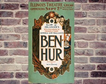 Beautiful vintage poster show Ben Hur Chicago Illinois Theater, printing ink on paper archival matte 140g, great retro effect.
