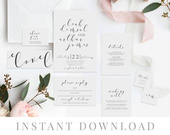 White Wedding Invitation Set INSTANT DOWNLOAD, Wedding Invite, DIY Printable Invite, Templett, Editable pdf, Rustic Wedding, Simple, Blissa