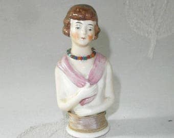 antique rare a.glazed half doll w. rose/pin cushion doll/porcelain/Germ.