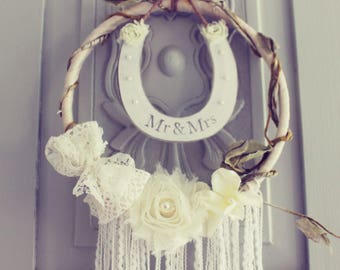 Bohemian Vintage Bridal Wedding Floral Wreath Dream Catcher Mr & Mrs Horseshoe