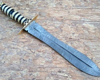 Damascus knife custom hand made - 17.50 " Damascus steel Dagger Feather Pattern