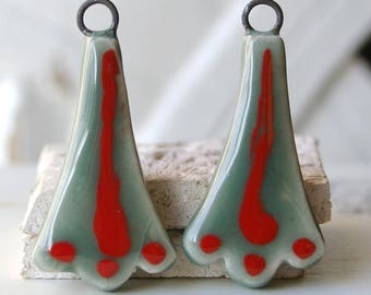 Pendants, ceramics, Celadon green, red, 2 X