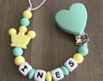 PACIFIER clip sea green and pale yellow-IDEAL birth gift
