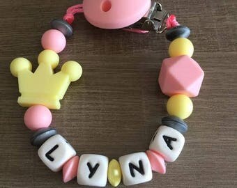 Coral pink PACIFIER clip and pale yellow - IDEAL birth gift