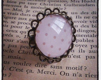 beige polka dots on brass cabochon ring