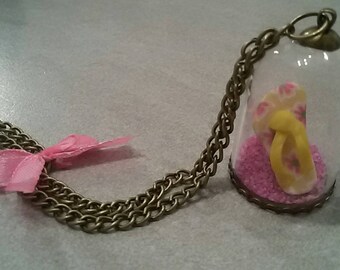 Bell necklace 85cm, glass, flip flops in polymer clay