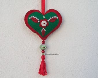 embroidered red and green felt heart