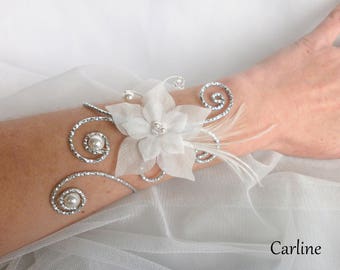 Magdelina - Bracelet bride clear Ivory Silk flowers pearls Swarovski feathers