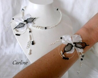Nolween Butterfly black white satin and organza flower bridal set
