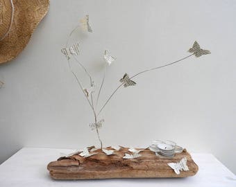 Candle holder on drift wood and paper butterflies