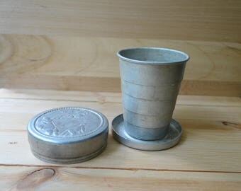Rustic metal aluminum folding cup, picnic camping travel cup, collapsible pocket tourist hiking cup, hunting lover gift, collectable cup