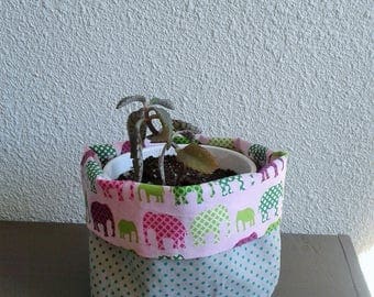PIN tray or planter in cotton, reversible, green and pink elephants