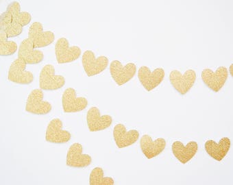 gold heart garland, gold glitter banner, wedding garland, gold wedding decor, bridal shower, gold baby shower, heart bunting, paper heart