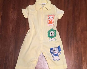 Vintage Yellow Romper Lion Tiger Elephant 0-3 Months 60s 70s