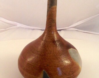 Brown leather soliflore vase raku pottery, unique, Ceramic raku pottery